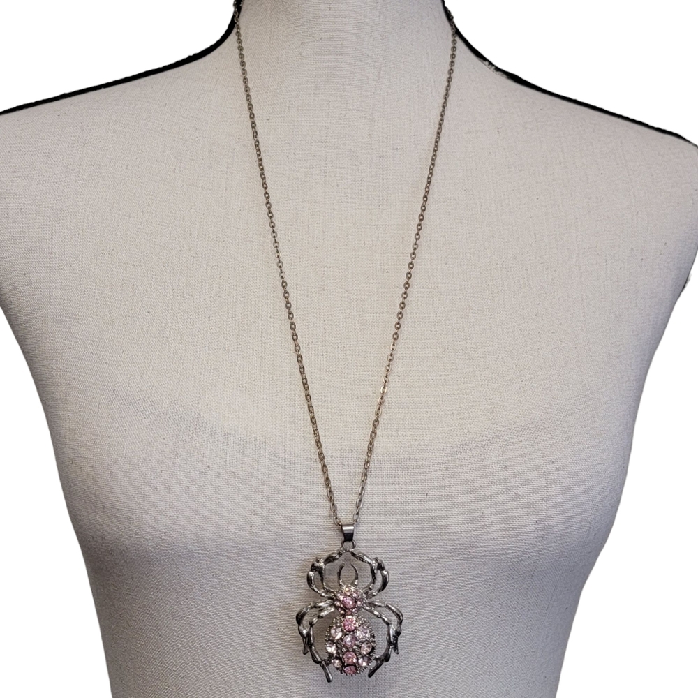 Spider Rhinestone Pendant‎ Necklace 28" Pink Silver Tone Goth Whimsygoth Jewelry